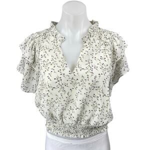 Edit By Nine White Floral Tiered Flutter Short Sleeve Smocked Shirt Blouse Top M